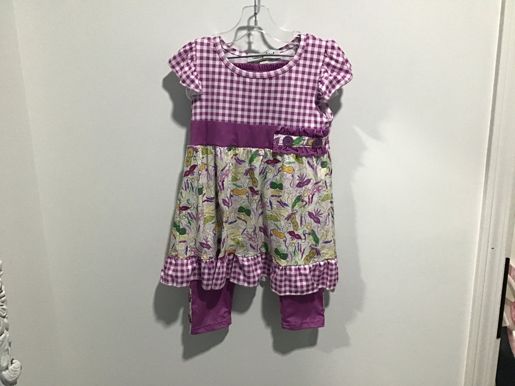 Girls’ Mardi Gras Purple Gingham Dress Set – Vegetable Print Outfit with Leggings & Ruffle Trim