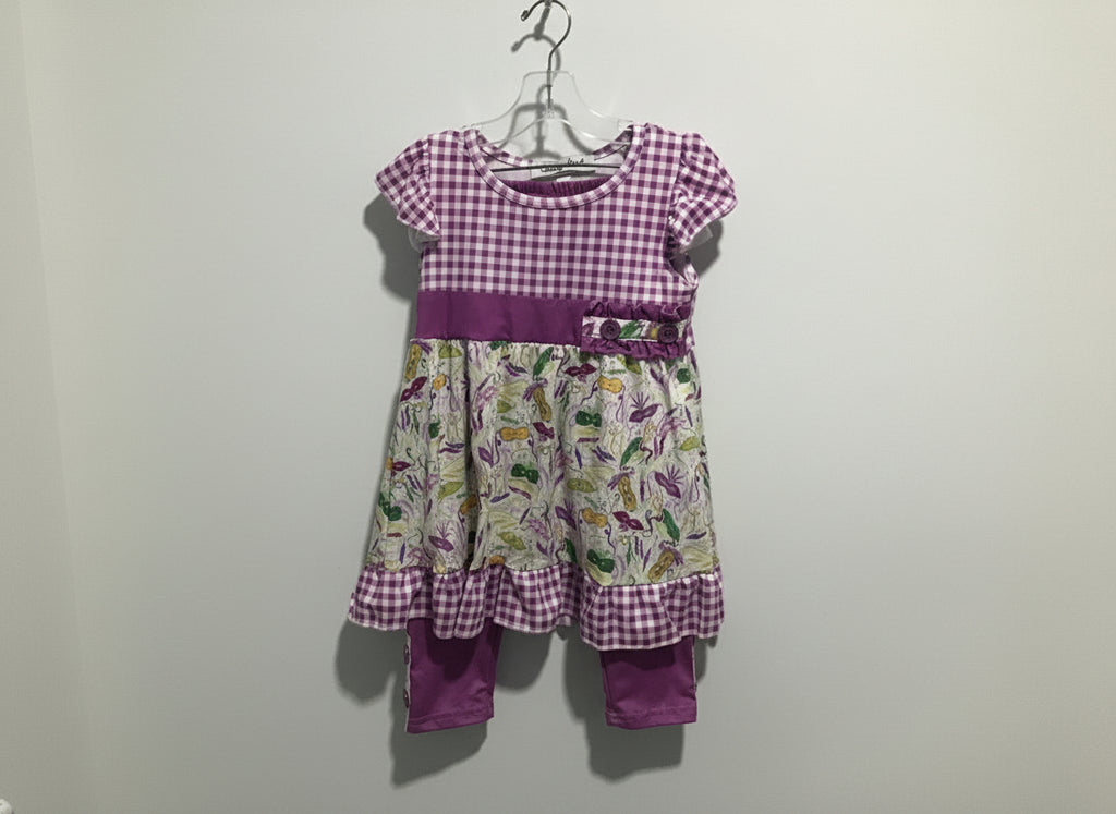 Girls’ Mardi Gras Purple Gingham Dress Set – Vegetable Print Outfit with Leggings & Ruffle Trim
