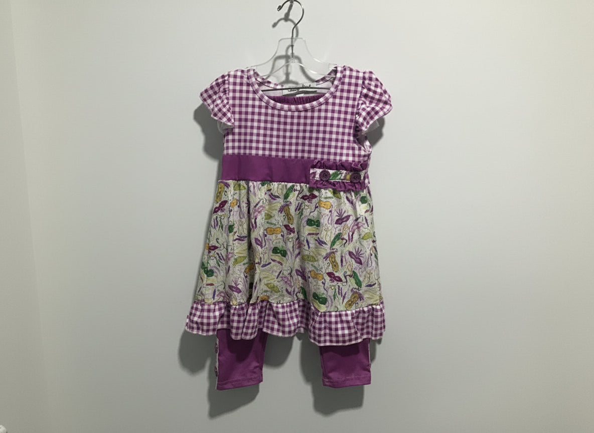 Girls’ Mardi Gras Purple Gingham Dress Set – Vegetable Print Outfit with Leggings & Ruffle Trim
