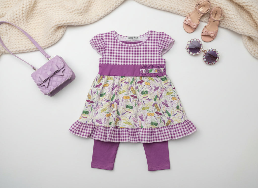 Girls’ Mardi Gras Purple Gingham Dress Set – Vegetable Print Outfit with Leggings & Ruffle Trim