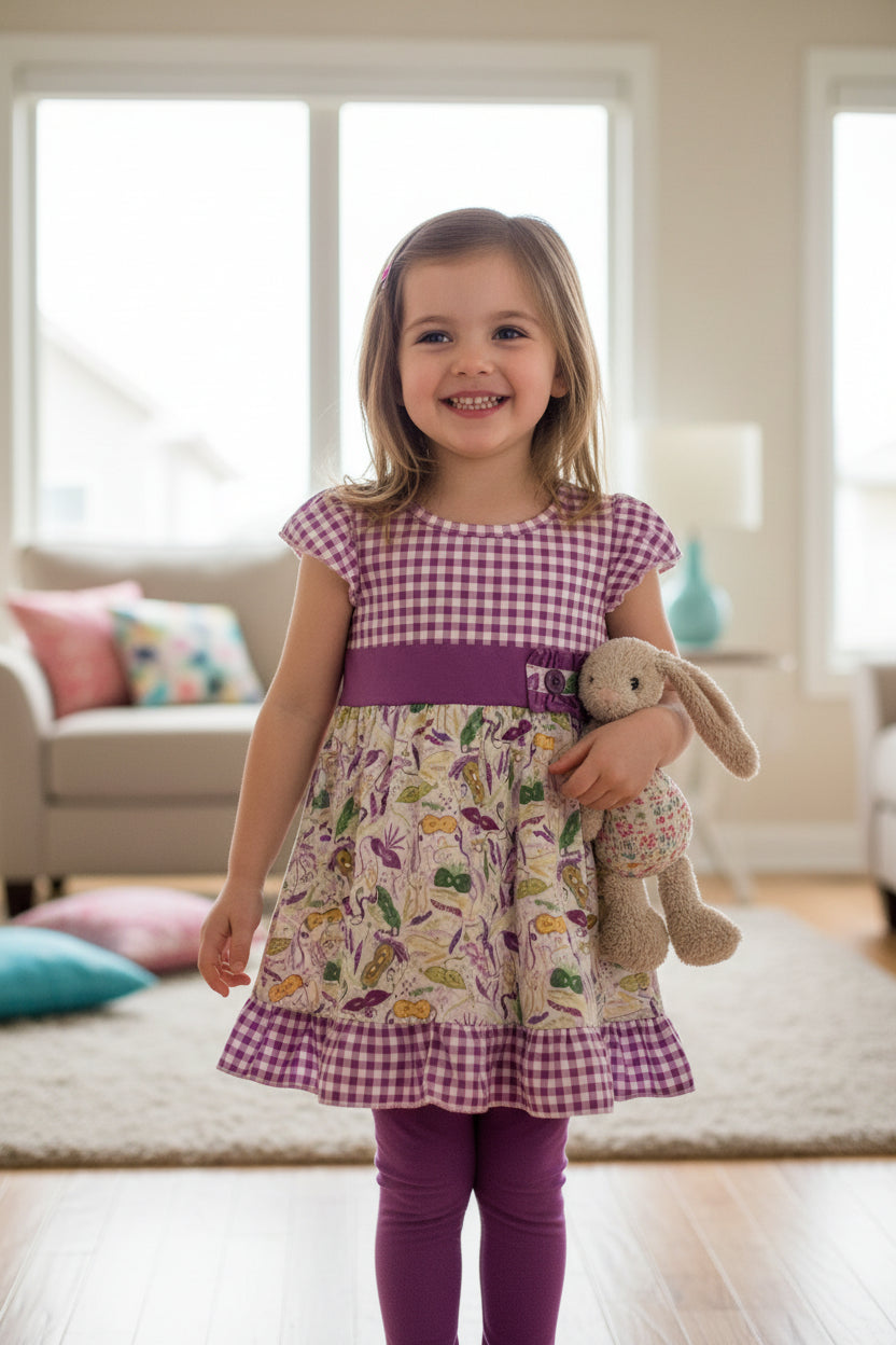 Girls’ Mardi Gras Purple Gingham Dress Set – Vegetable Print Outfit with Leggings & Ruffle Trim