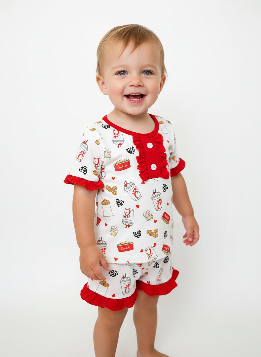 Chicken Nugget Print Toddler Pajama Set – Chick-Inspired Short Sleeve PJS with Ruffle Trim & Fast-Food Theme