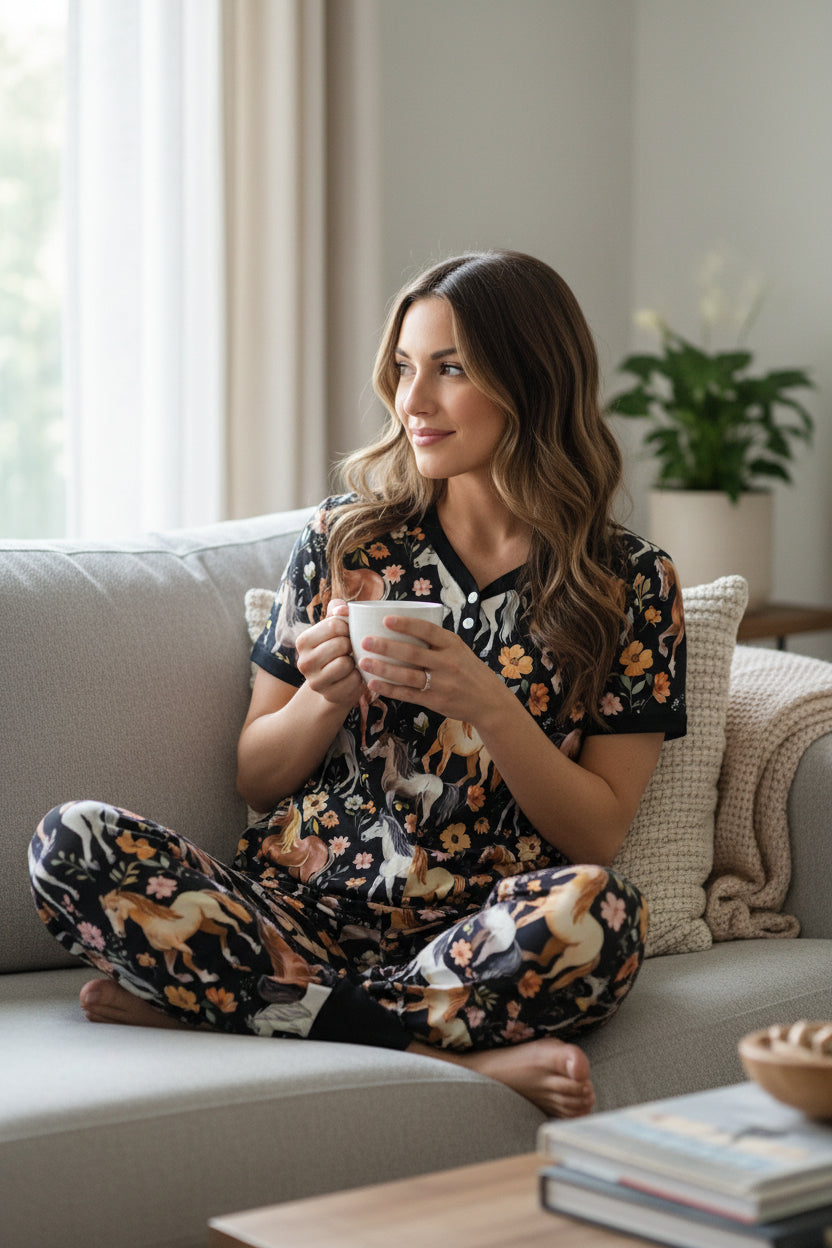 Women’s Horse Print Jogger Pajama Set – Short Sleeve Button-Up Top & Cuffed Pants Sleepwear