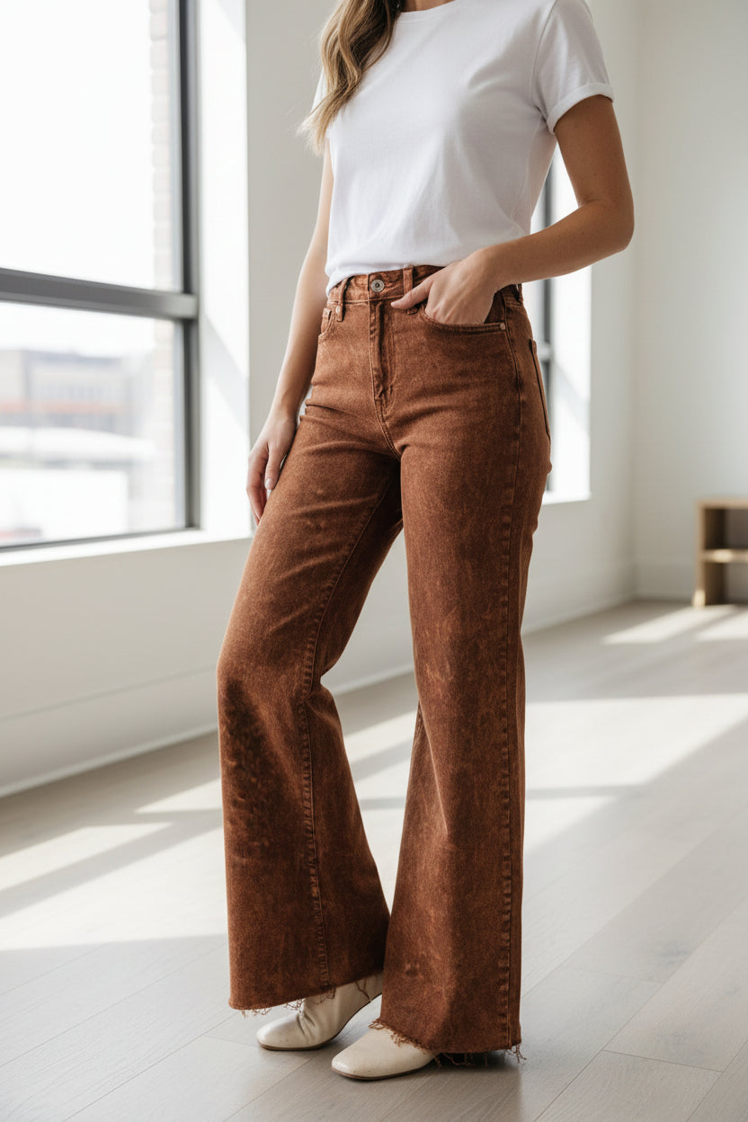 Women’s JB Pumpkin Spice Acid-Wash Jeans – High-Waisted Wide-Leg Denim with Cropped Raw Hem (Style 88888)