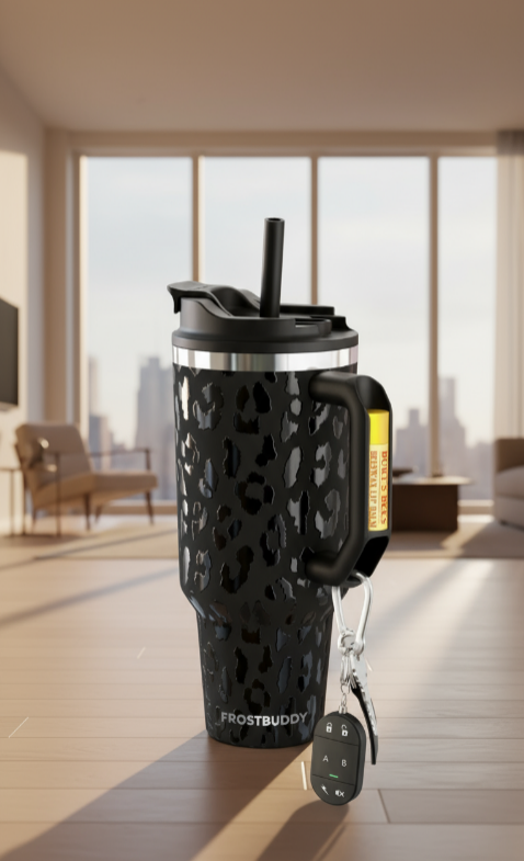 Black insulated tumbler with leopard print design in a modern room.