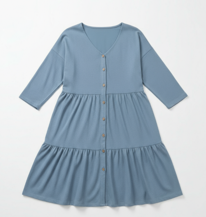 Blue dress with buttons on a white background