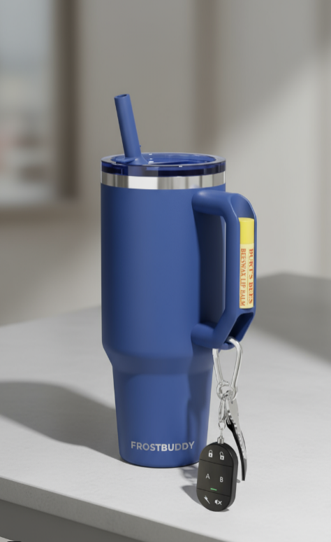 Blue travel mug with handle and straw on a white surface