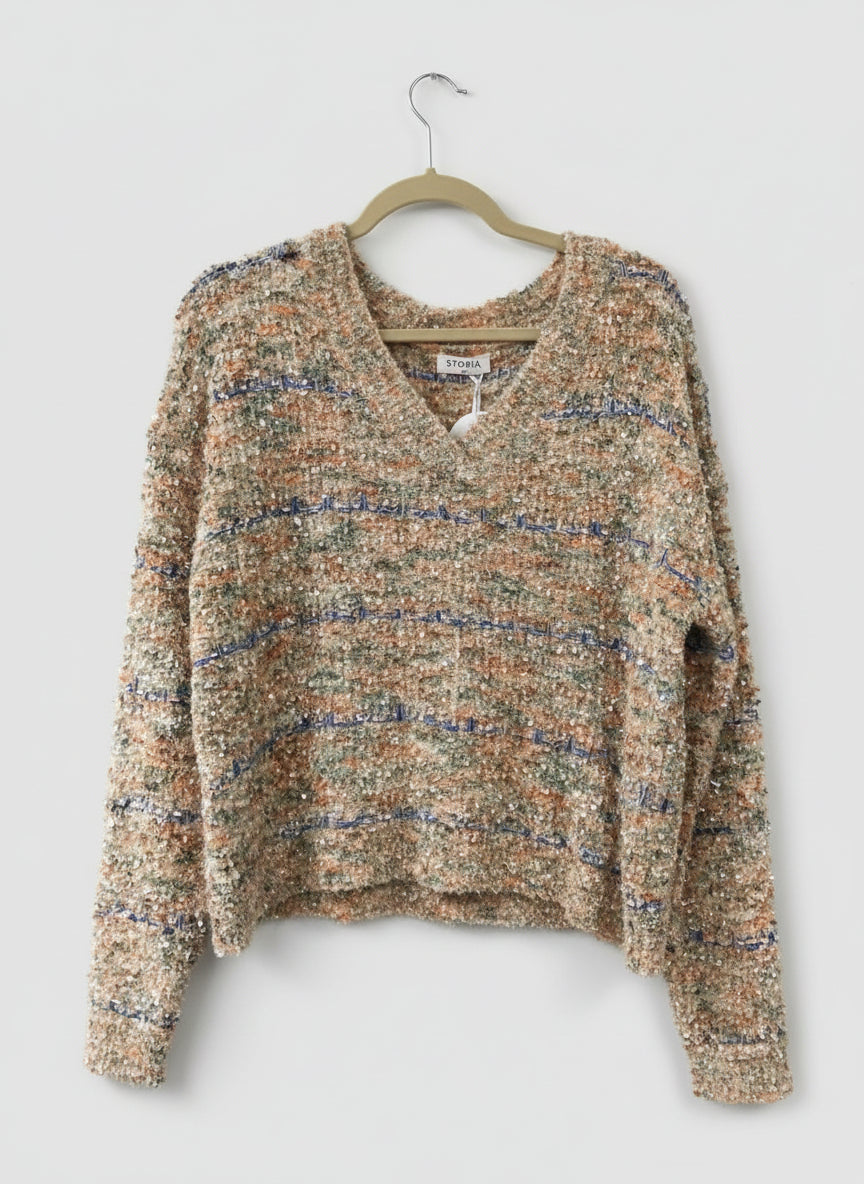 Women’s Cozy V-Neck Bouclé Pullover Sweater – Taupe Multi-Stripe Knit with Textured Yarn & Fall Colors