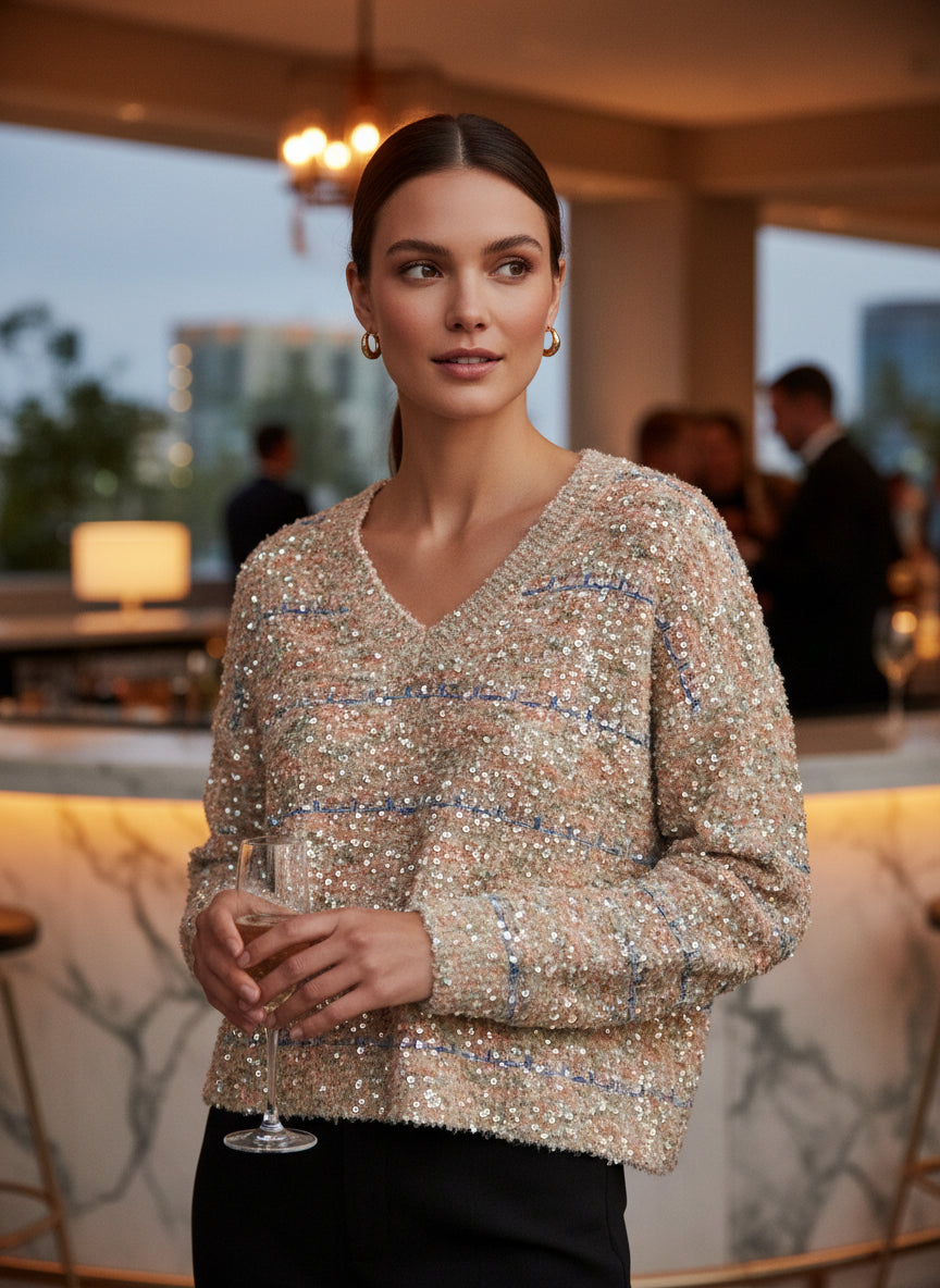 Women’s Cozy V-Neck Bouclé Pullover Sweater – Taupe Multi-Stripe Knit with Textured Yarn & Fall Colors