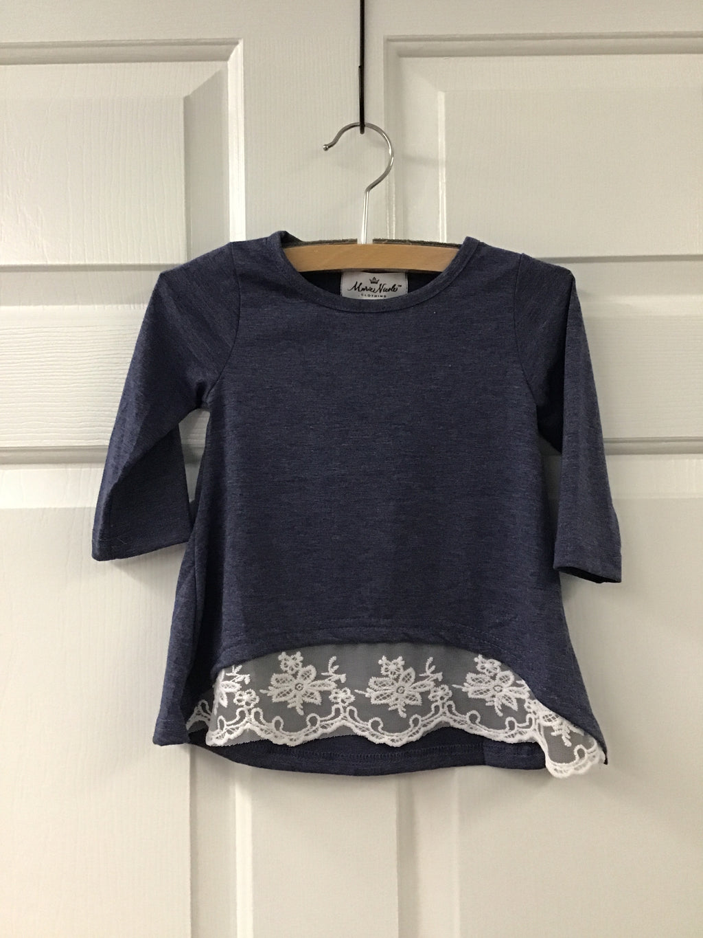 Girls’ Navy Lace Hem Swing Top – Long Sleeve Boutique Blouse for Fall & Everyday Styling
