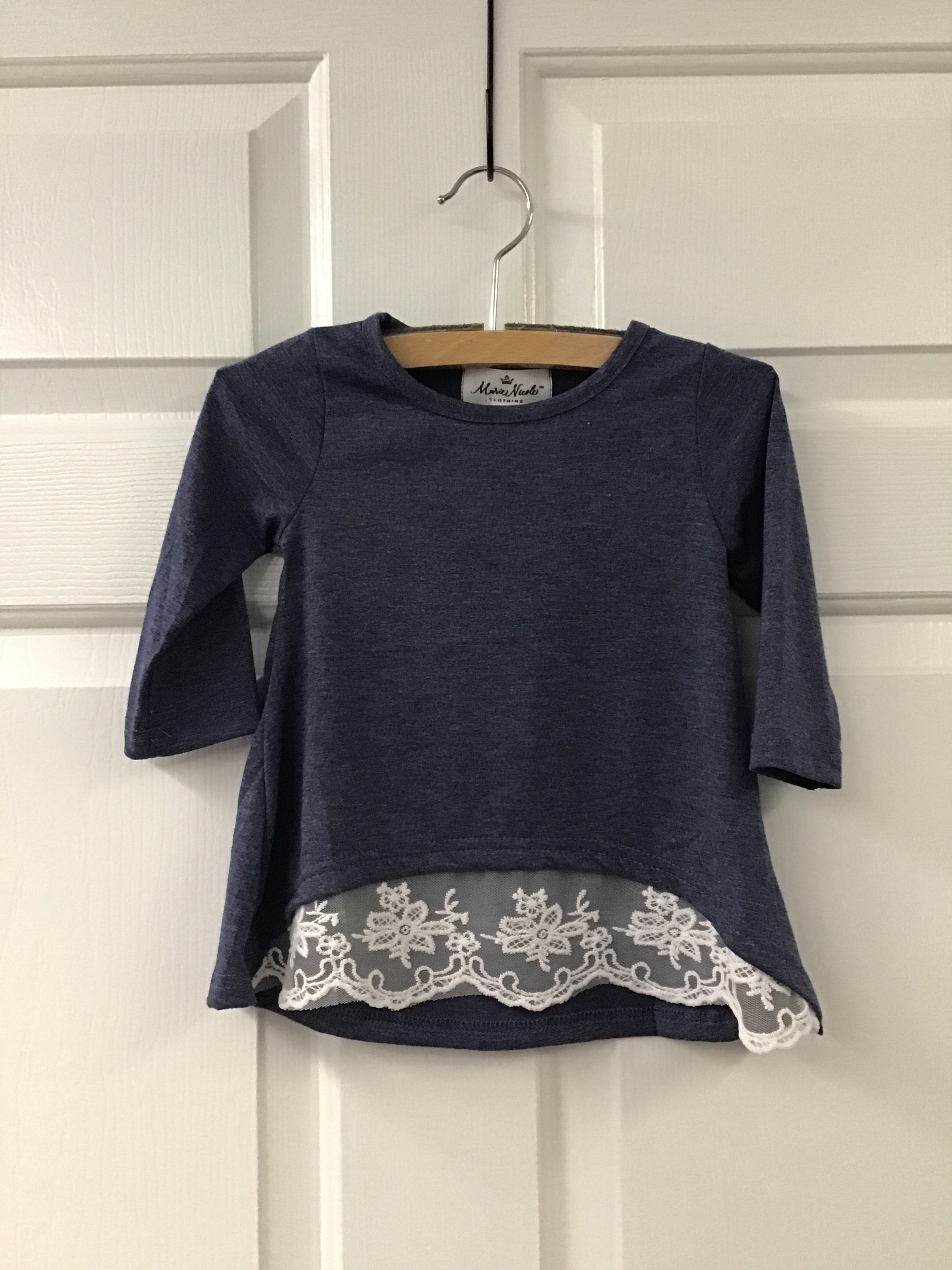 Girls’ Navy Lace Hem Swing Top – Long Sleeve Boutique Blouse for Fall & Everyday Styling