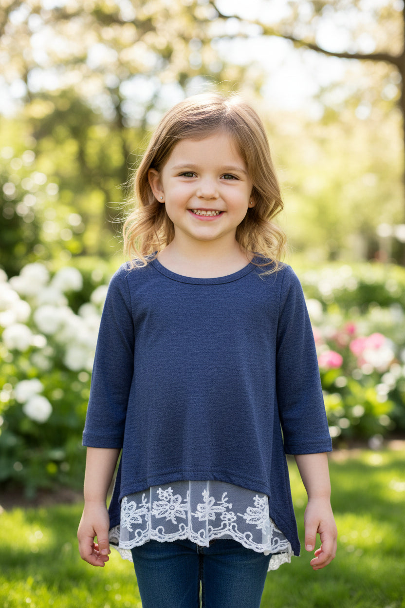 Girls’ Navy Lace Hem Swing Top – Long Sleeve Boutique Blouse for Fall & Everyday Styling