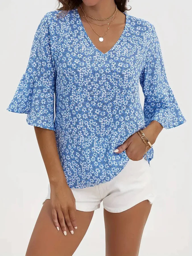 V-neck Floral Short Sleeved Top
