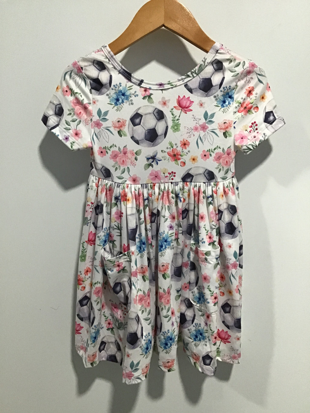 Girls’ “Soccer Sweetie” Twirl Dress – Short Sleeve Floral Soccer Print Outfit with Flared Skirt & Playful Charm