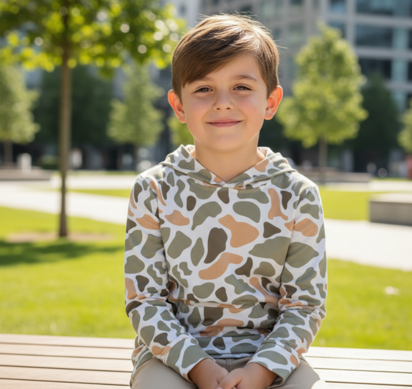 Child wearing a camouflage hoodie sitting on a bench outdoors with trees and grass in the background