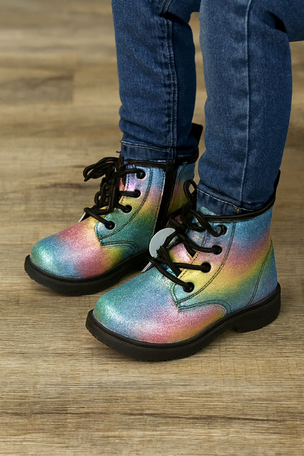 Girls’ Rainbow Glitter Combat Boots – Shimmer & Shine Lace-Up with Rugged Sole