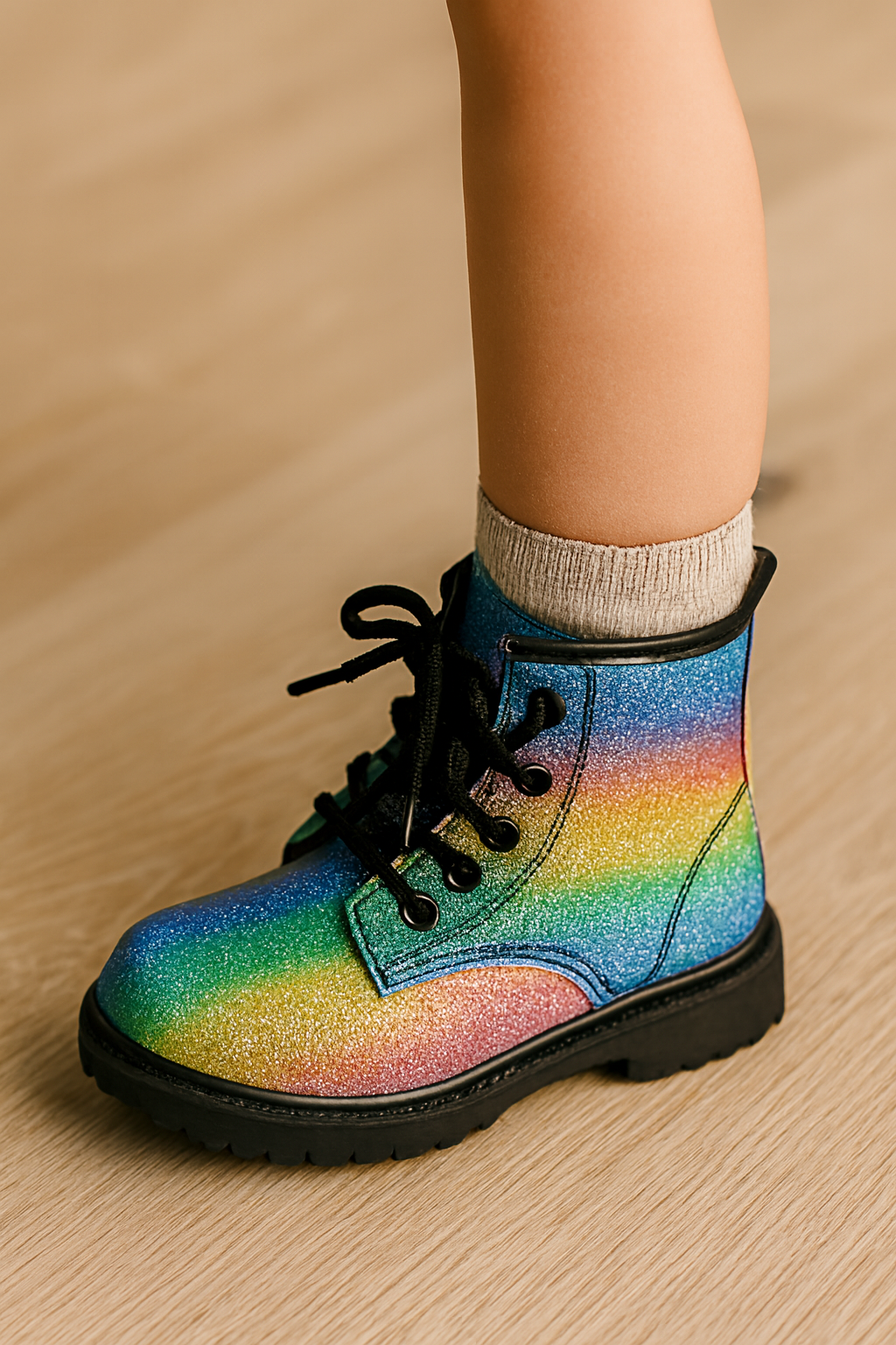 Girls’ Rainbow Glitter Combat Boots – Shimmer & Shine Lace-Up with Rugged Sole