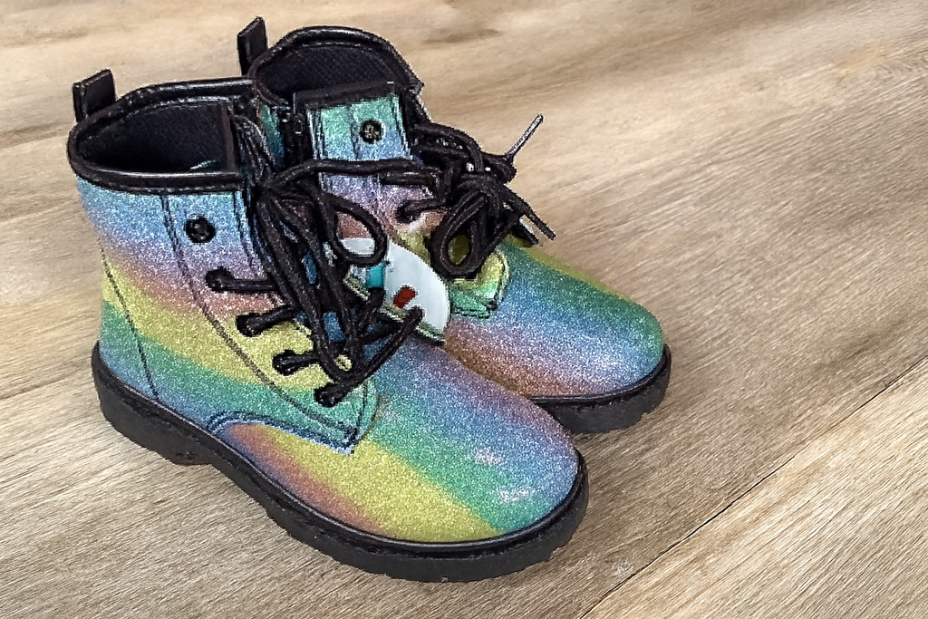 Girls’ Rainbow Glitter Combat Boots – Shimmer & Shine Lace-Up with Rugged Sole