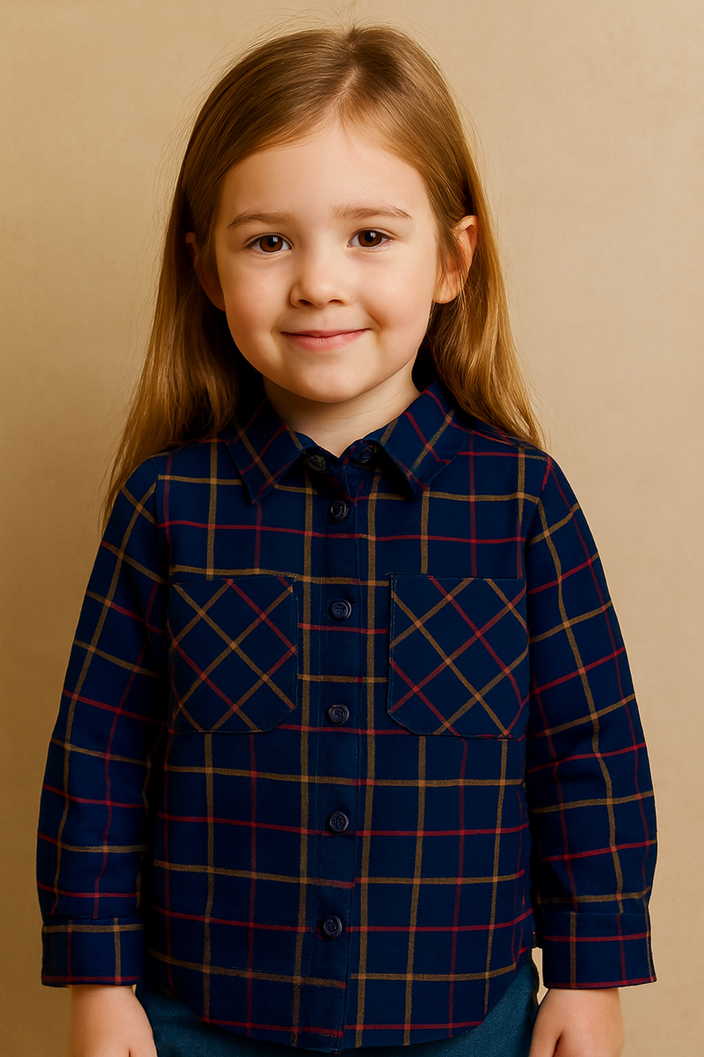 Girls’ Classic Plaid Flannel Shirt – Navy, Red & Yellow Button-Up with Chest Pockets