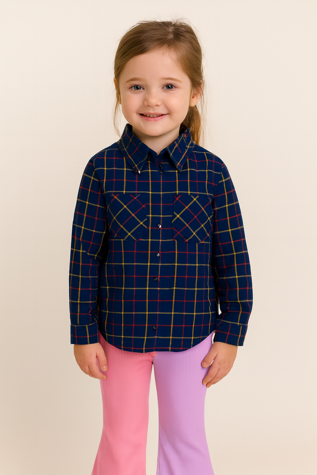 Girls’ Classic Plaid Flannel Shirt – Navy, Red & Yellow Button-Up with Chest Pockets