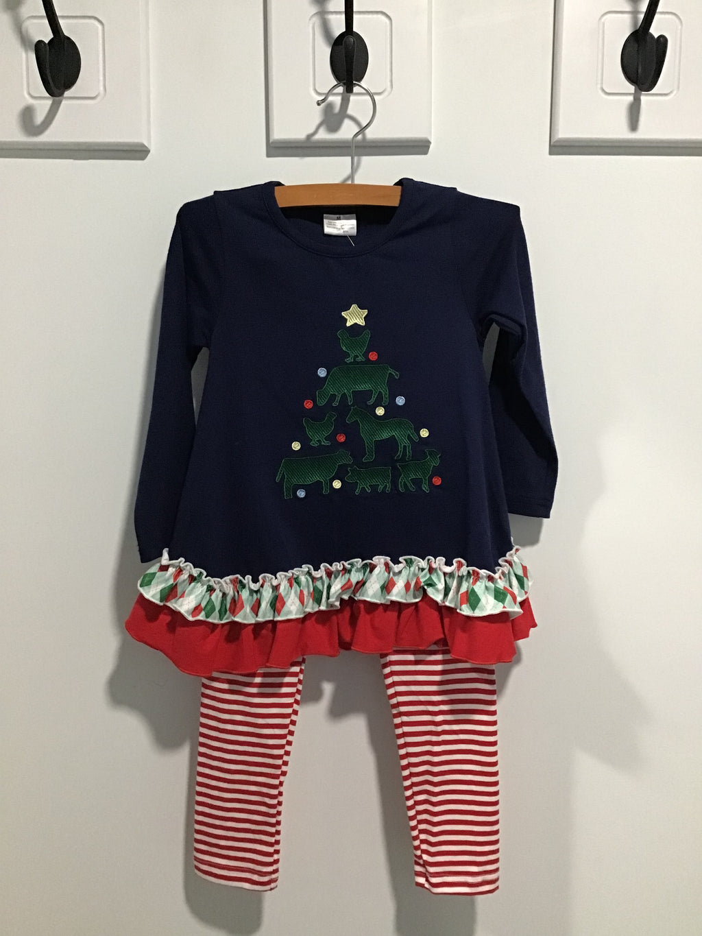 Girls’ Ruffled Christmas Tree Top & Striped Leggings Set – Farm Animal Holiday Outfit with Plaid Trim