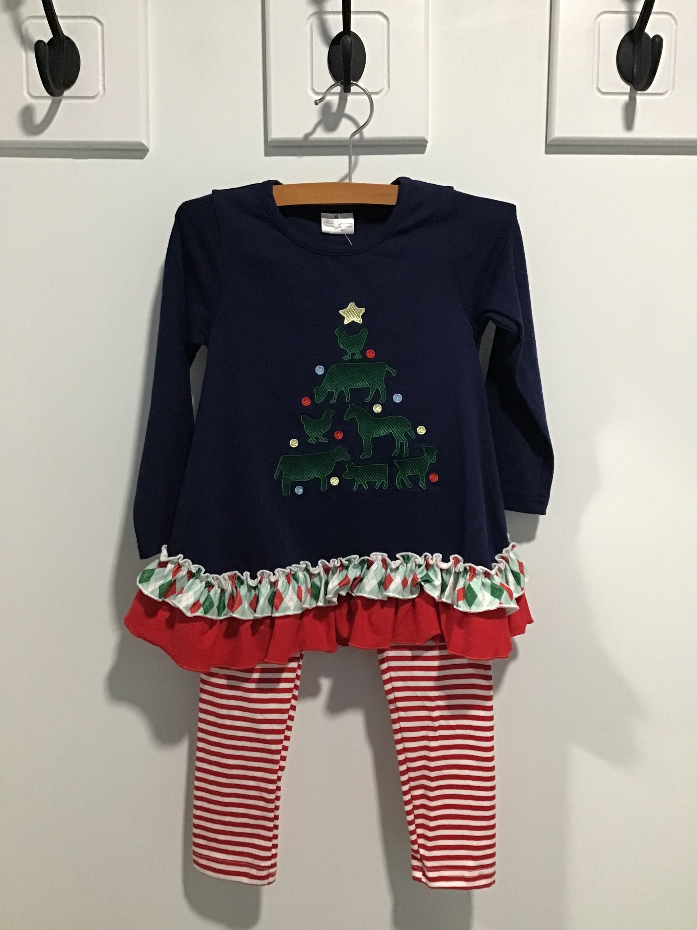 Girls’ Ruffled Christmas Tree Top & Striped Leggings Set – Farm Animal Holiday Outfit with Plaid Trim