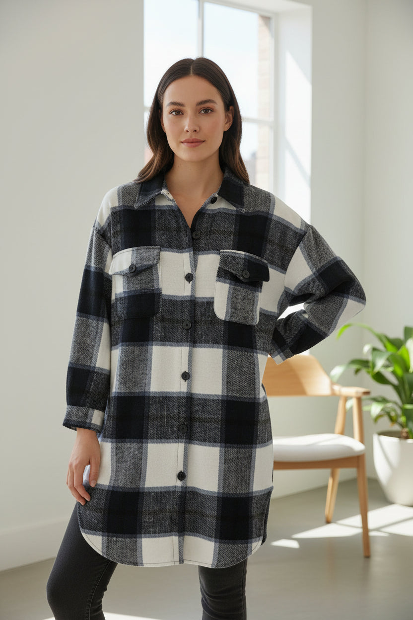 Mom & Me Navy Plaid Shacket – Soft Flannel Button-Up Jacket with Chest Pockets for Fall & Winter