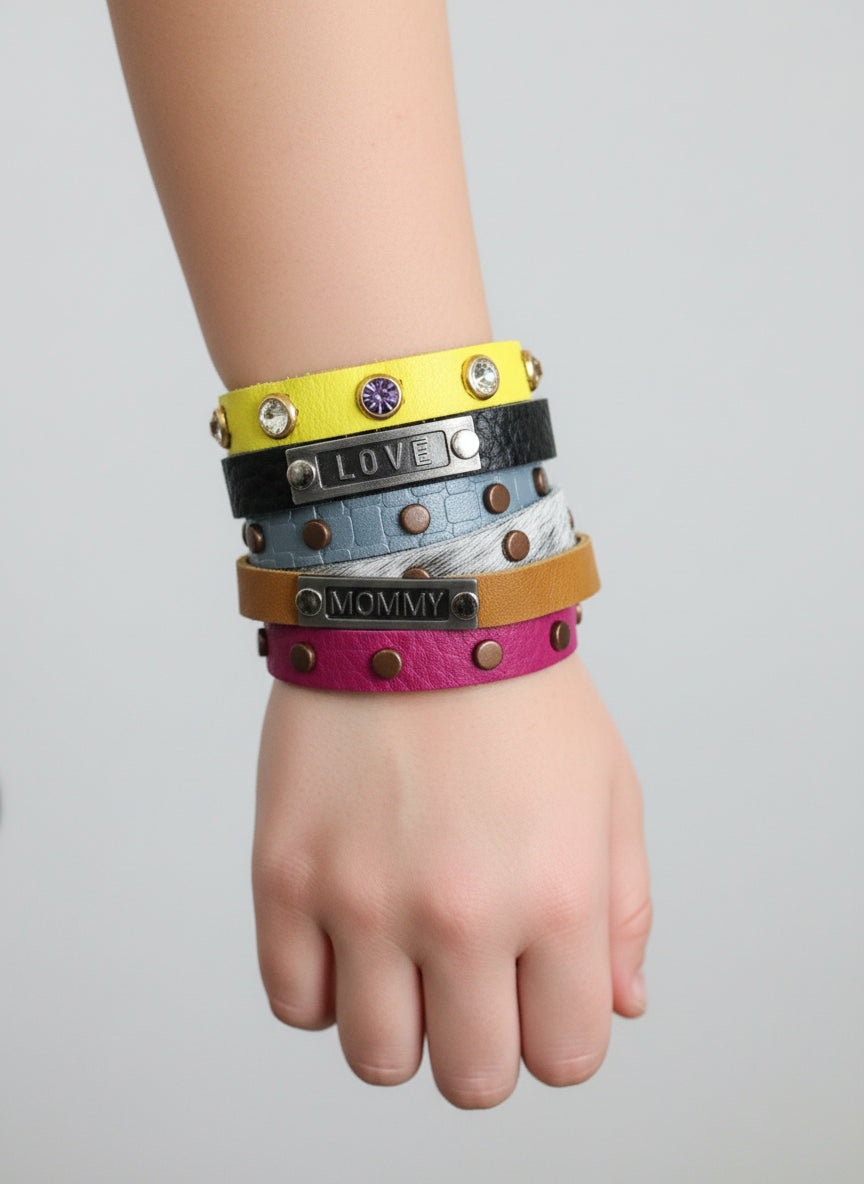 Women’s Mixed Leather Bracelets – Colorful Stackable Bands with Studs, Rhinestones & Engraved Charms