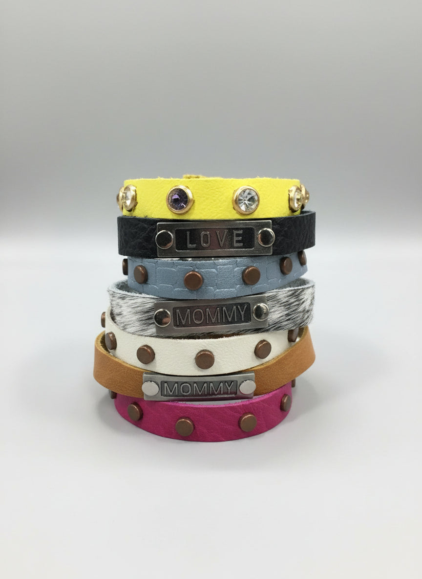 Women’s Mixed Leather Bracelets – Colorful Stackable Bands with Studs, Rhinestones & Engraved Charms