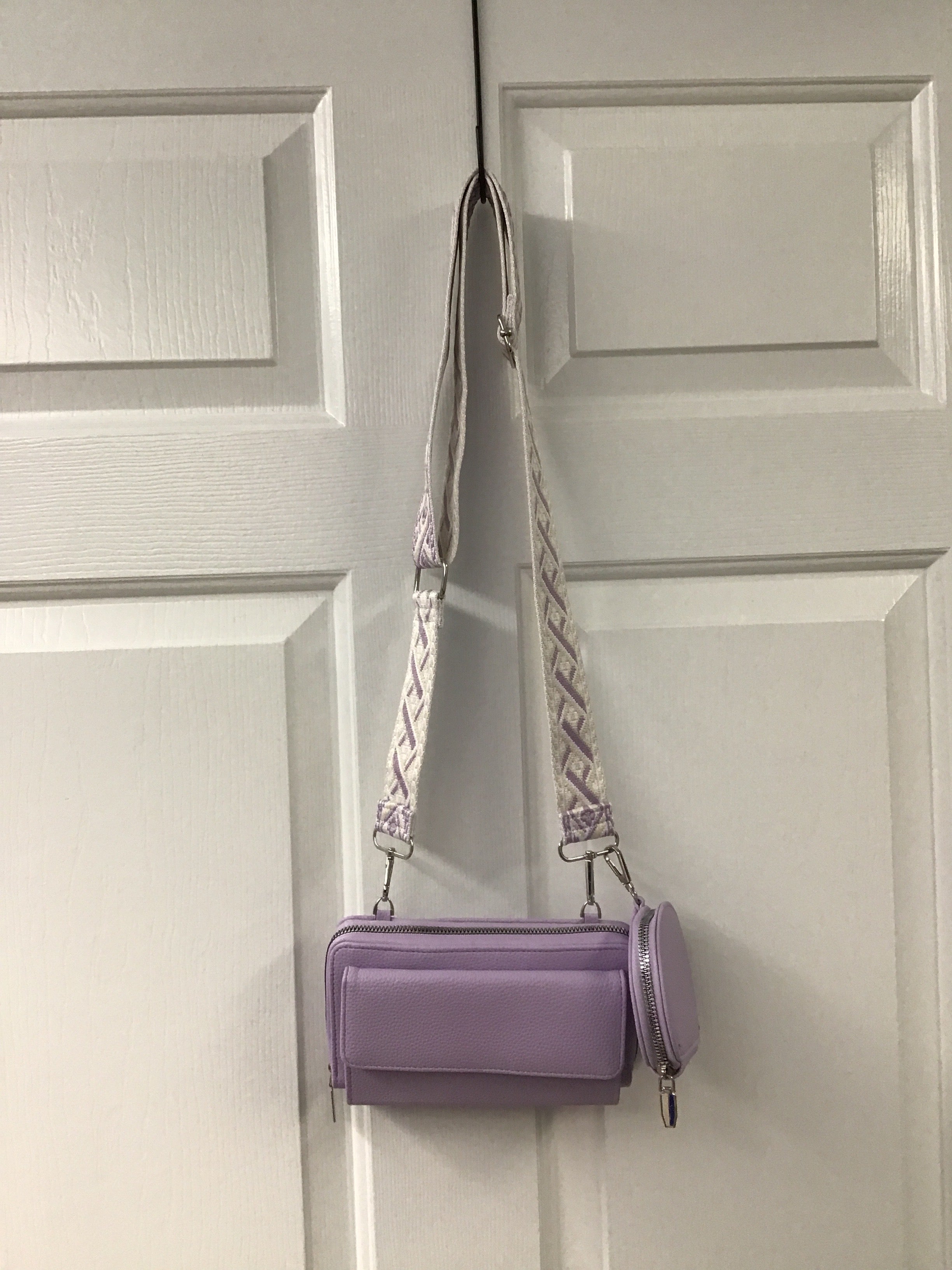 Vegan Leather Woven Crossbody Bag – Textured Dual-Pouch Sling with Adjustable Strap in Lilac