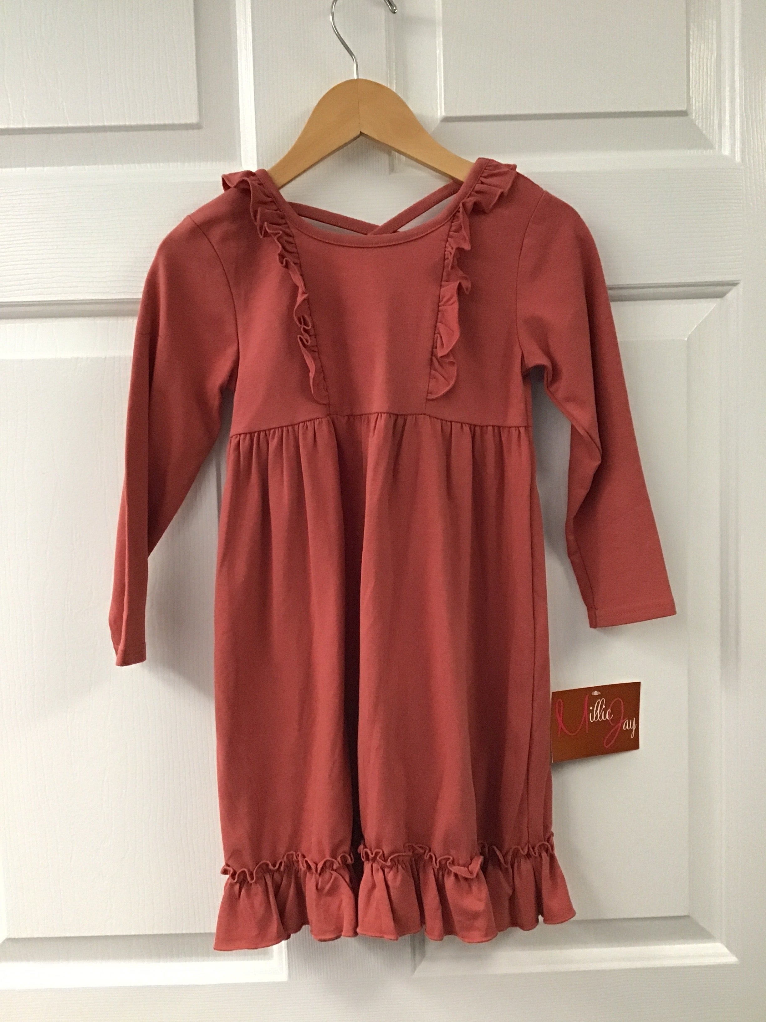 Girls’ Rust Ruffle Crossback Dress – Long Sleeve Boutique Fall Outfit with Soft Stretch Fabric