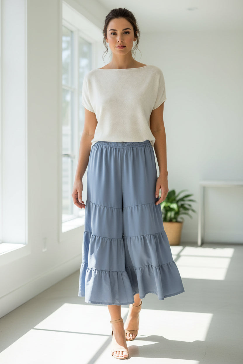 Girls’ Tiered Ruffle Palazzo Pants – Stone Blue Elastic Waist Wide-Leg Bottoms with Layered Tiers