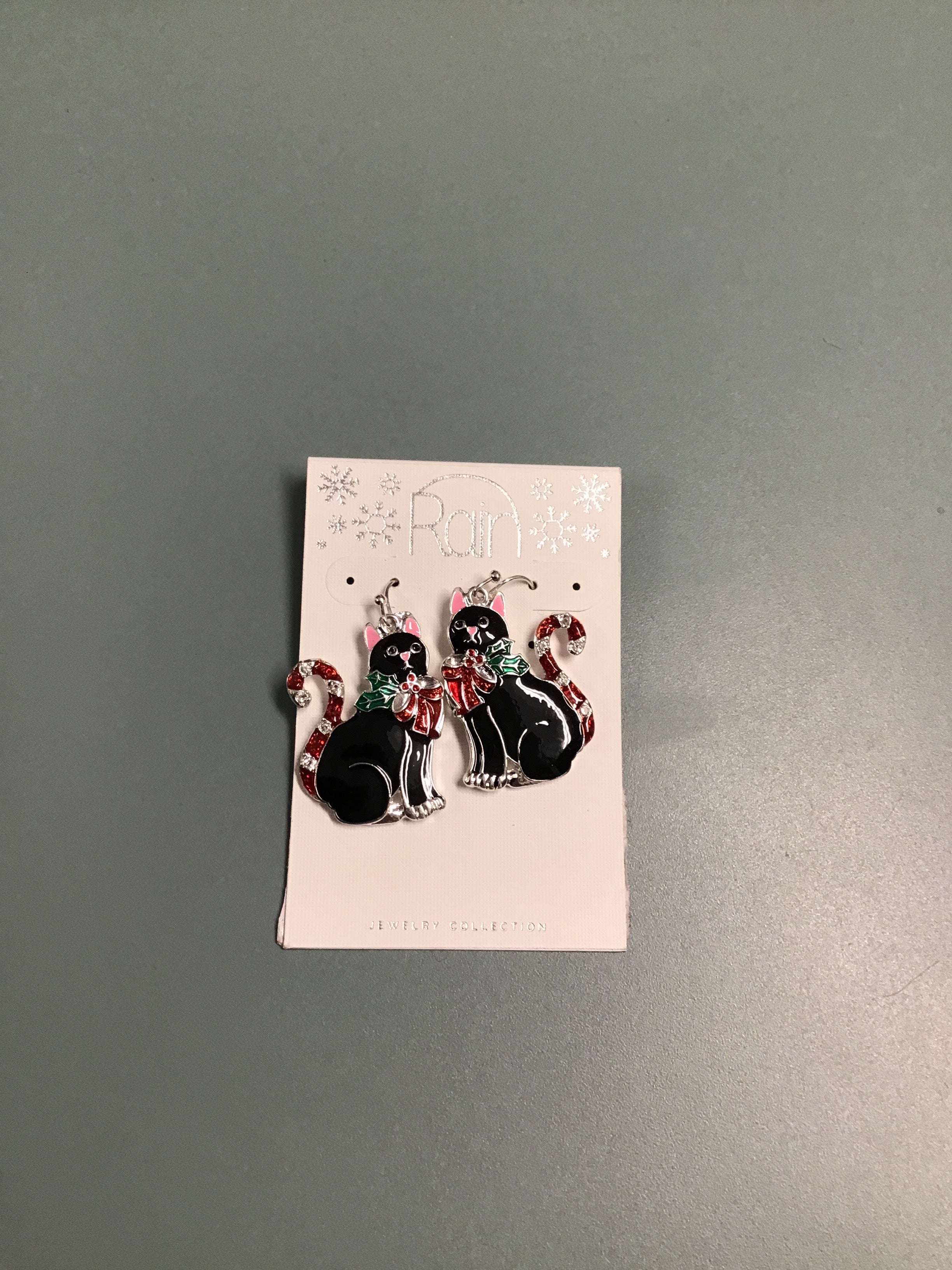 Holiday Black Cat Candy Cane Earrings – Festive Studs with Holly & Bow Accents for Christmas Cheer