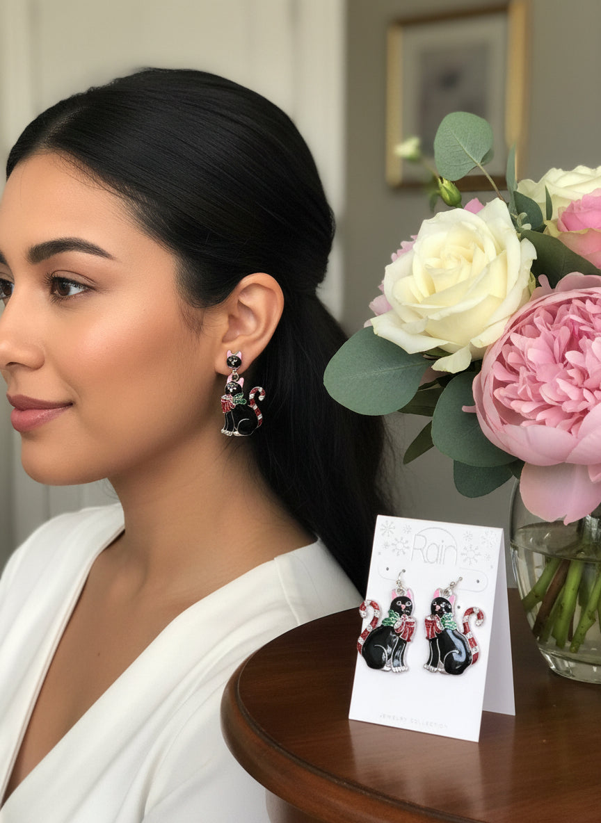 Holiday Black Cat Candy Cane Earrings – Festive Studs with Holly & Bow Accents for Christmas Cheer