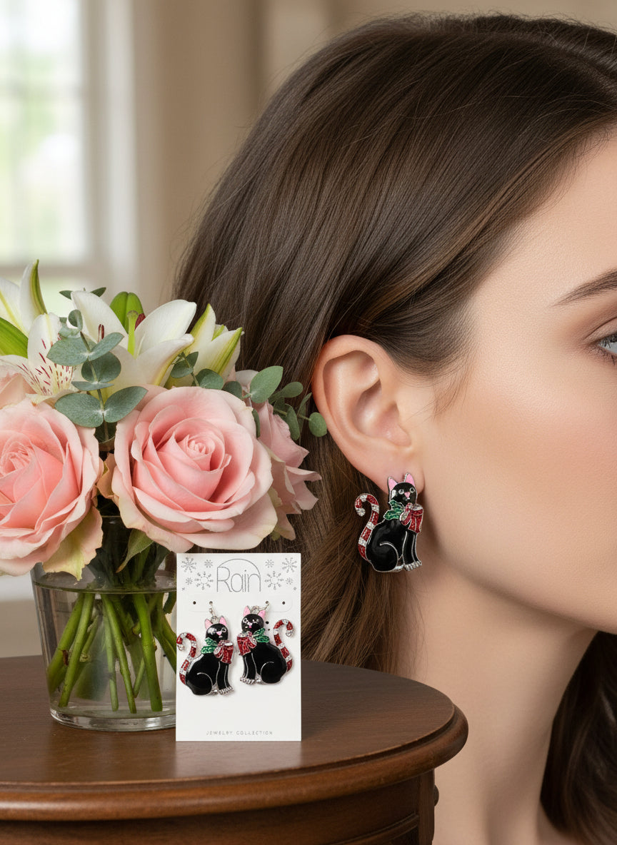 Holiday Black Cat Candy Cane Earrings – Festive Studs with Holly & Bow Accents for Christmas Cheer