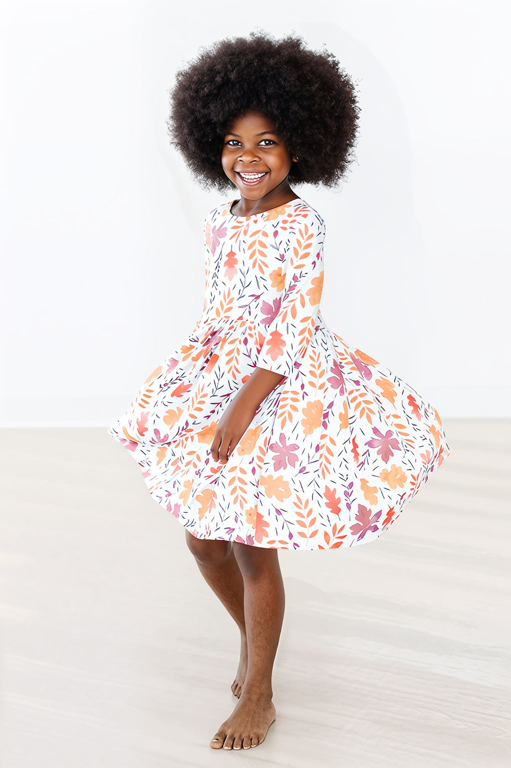 Girls' Autumn Twirl Dress – Falling Leaves Print in Lightweight Stretch Fabric