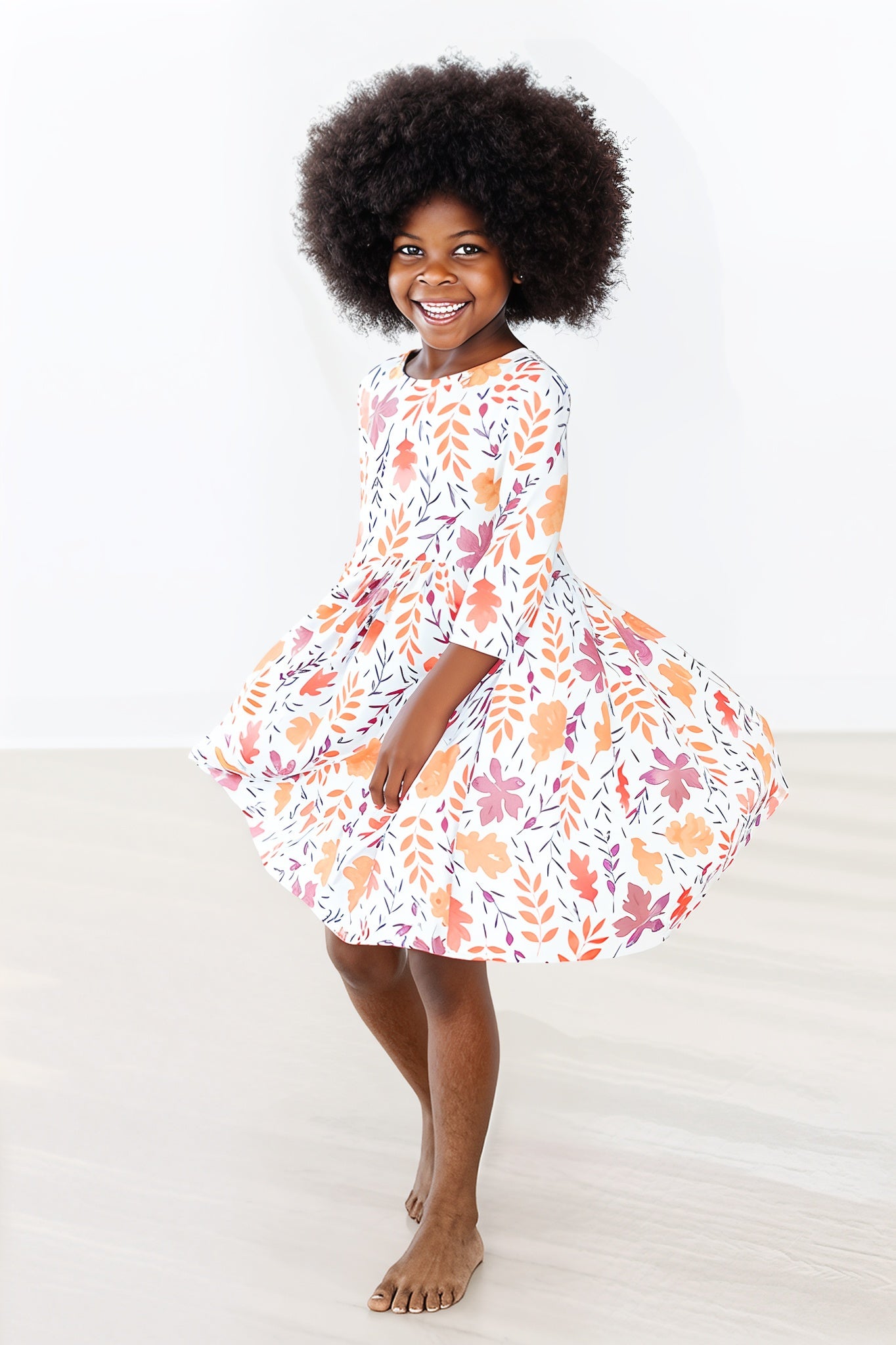 Girls' Autumn Twirl Dress – Falling Leaves Print in Lightweight Stretch Fabric