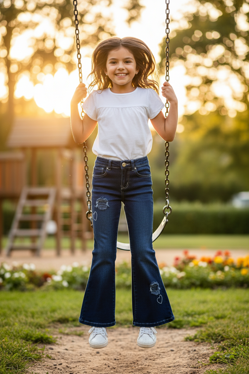 Blue jeans with heart and distressed designs on a white background