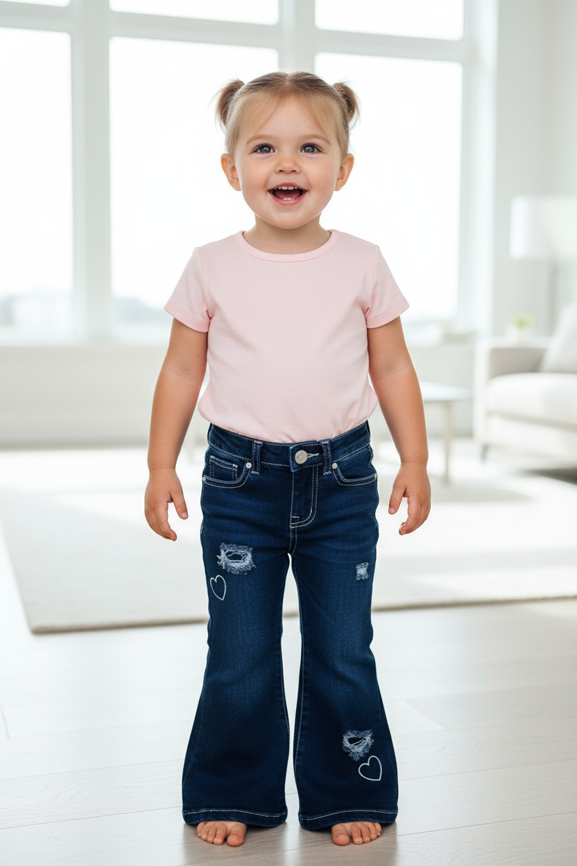 Blue jeans with heart and distressed designs on a white background