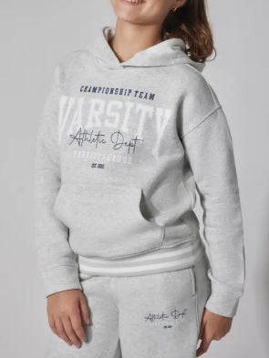 Girls’ Varsity Fleece Pullover Hoodie – Athletic Dept. Print & Kanga Pocket (Campus Collection)