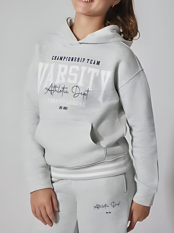Girls’ Varsity Fleece Pullover Hoodie – Athletic Dept. Print & Kanga Pocket (Campus Collection)