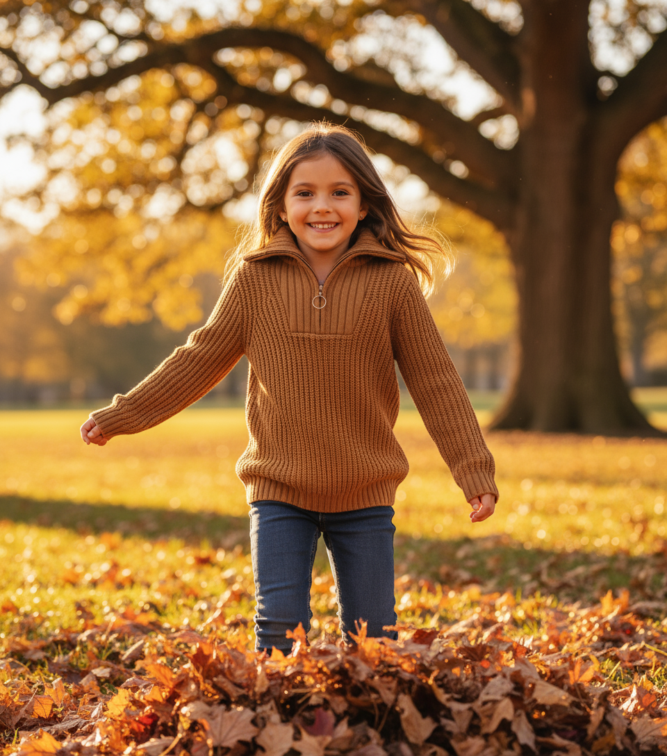 Girls’ Ribbed Lurex Half-Zip Sweater – Pullover Knit with Metallic Shine & Collar Detail