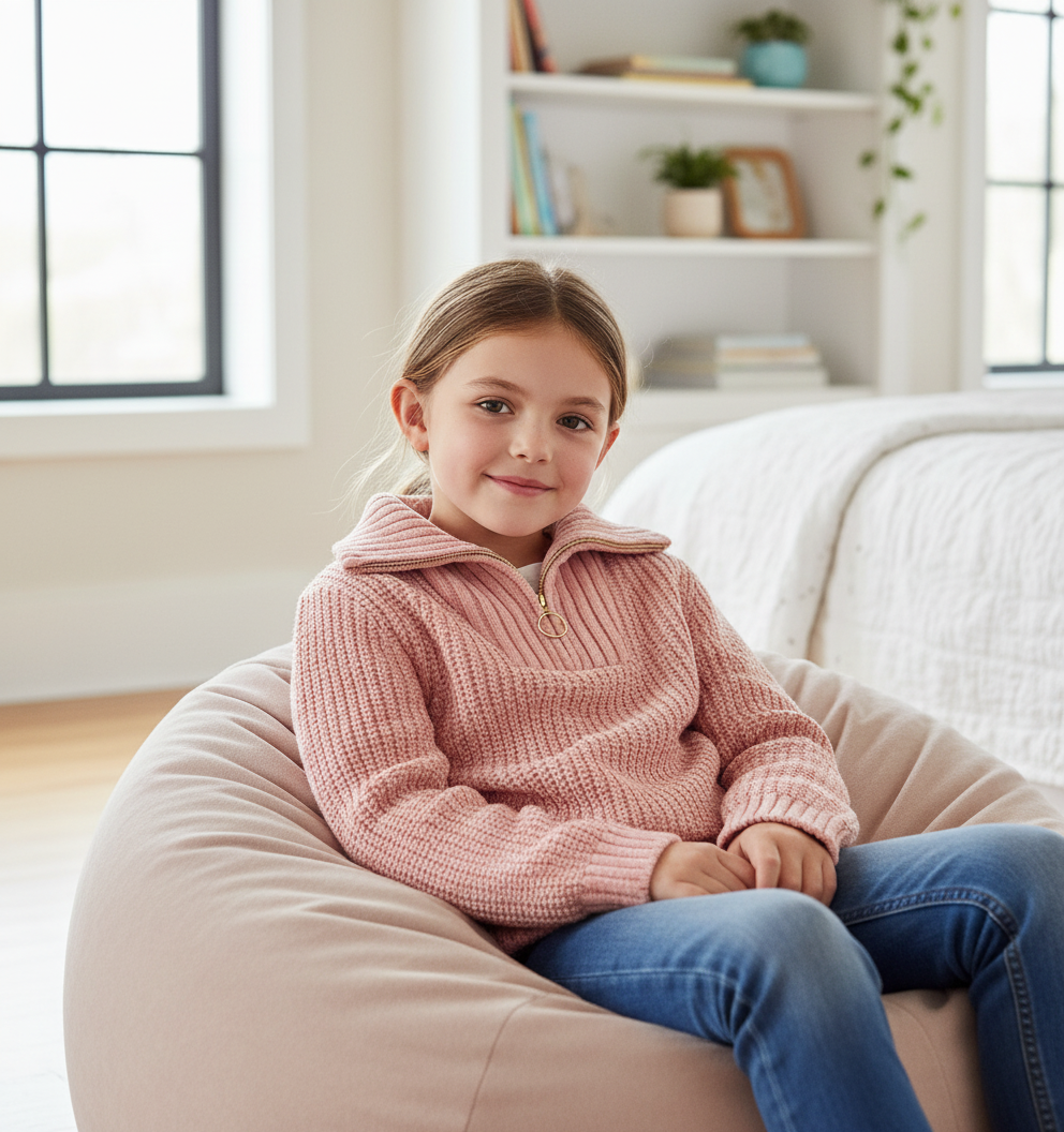 Pink knitted pullover with a zipper on a white background
