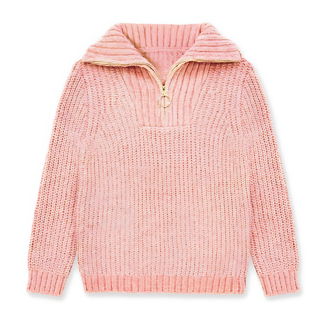 Girls’ Ribbed Lurex Half-Zip Sweater – Pullover Knit with Metallic Shine & Collar Detail
