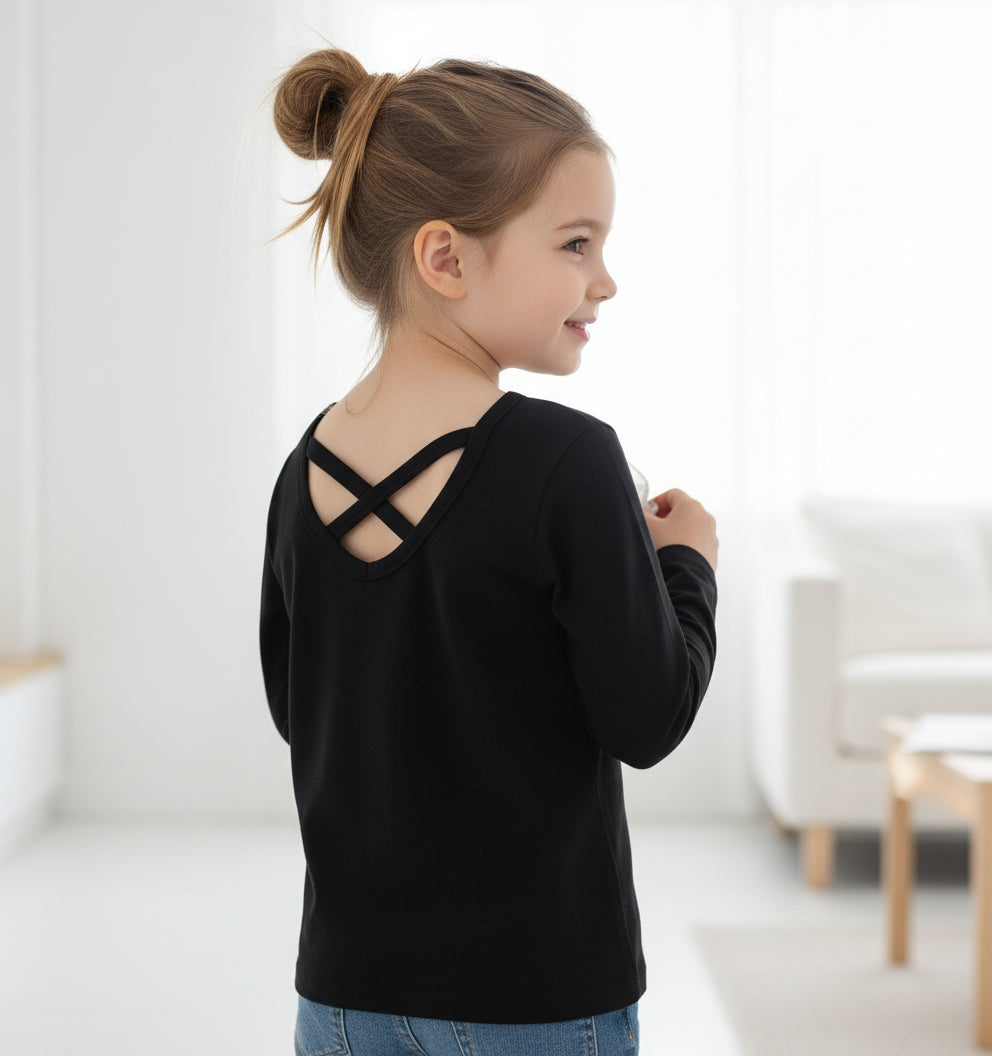 Girls’ Crisscross Back Long Sleeve Tee – Soft Stretch Knit Top for Everyday & Layering