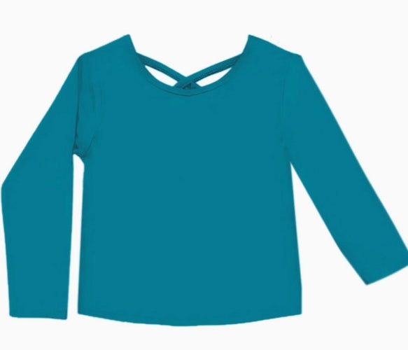 Girls’ Crisscross Back Long Sleeve Tee – Soft Stretch Knit Top for Everyday & Layering