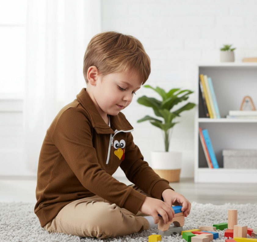 Child playing with toys on a carpeted floor in a bright room.