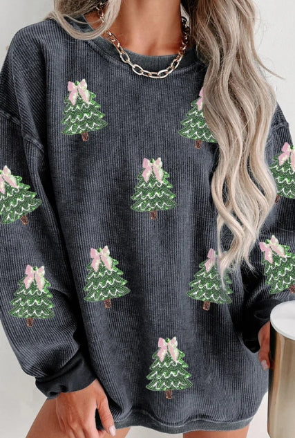 Women’s Christmas Tree Sequin Sweater – Oversized Ribbed Holiday Pullover with Pink Bow Detail