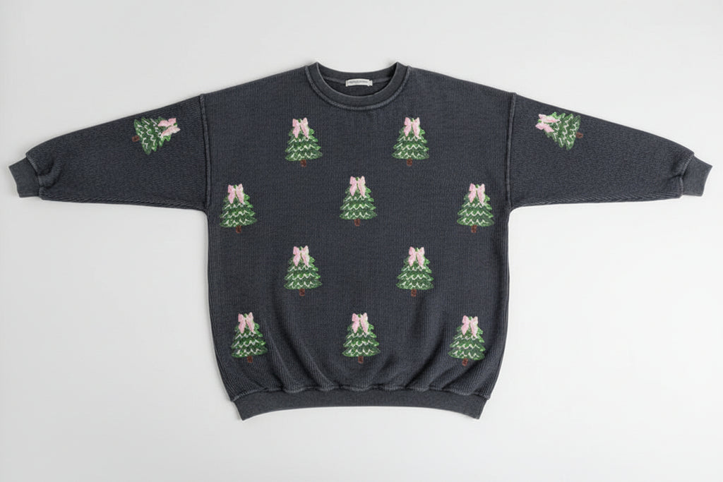 Women’s Christmas Tree Sequin Sweater – Oversized Ribbed Holiday Pullover with Pink Bow Detail