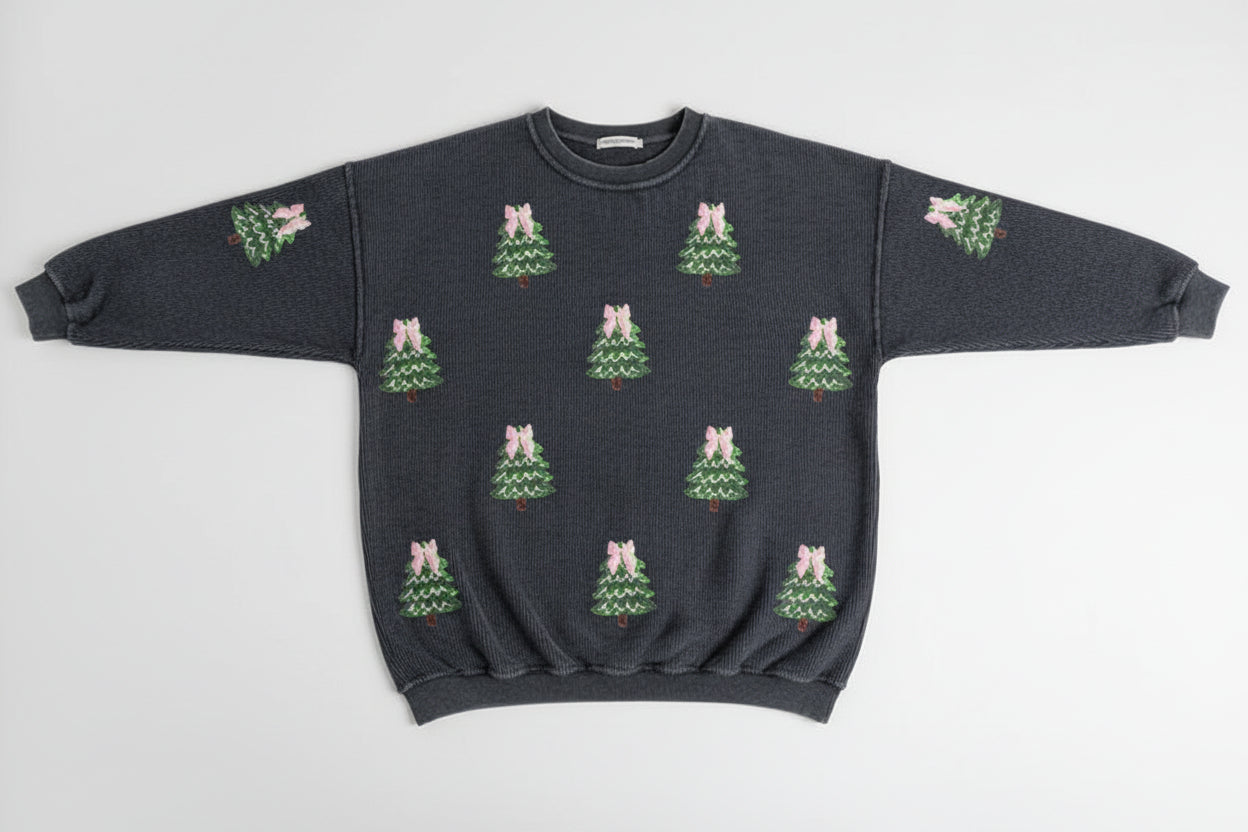 Women’s Christmas Tree Sequin Sweater – Oversized Ribbed Holiday Pullover with Pink Bow Detail